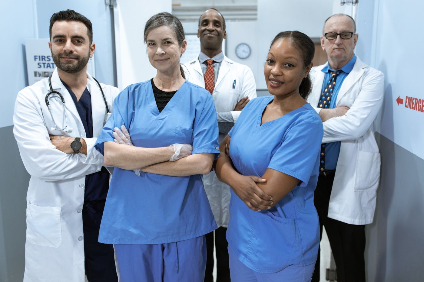 Diverse team of doctors and nurses in a hospital